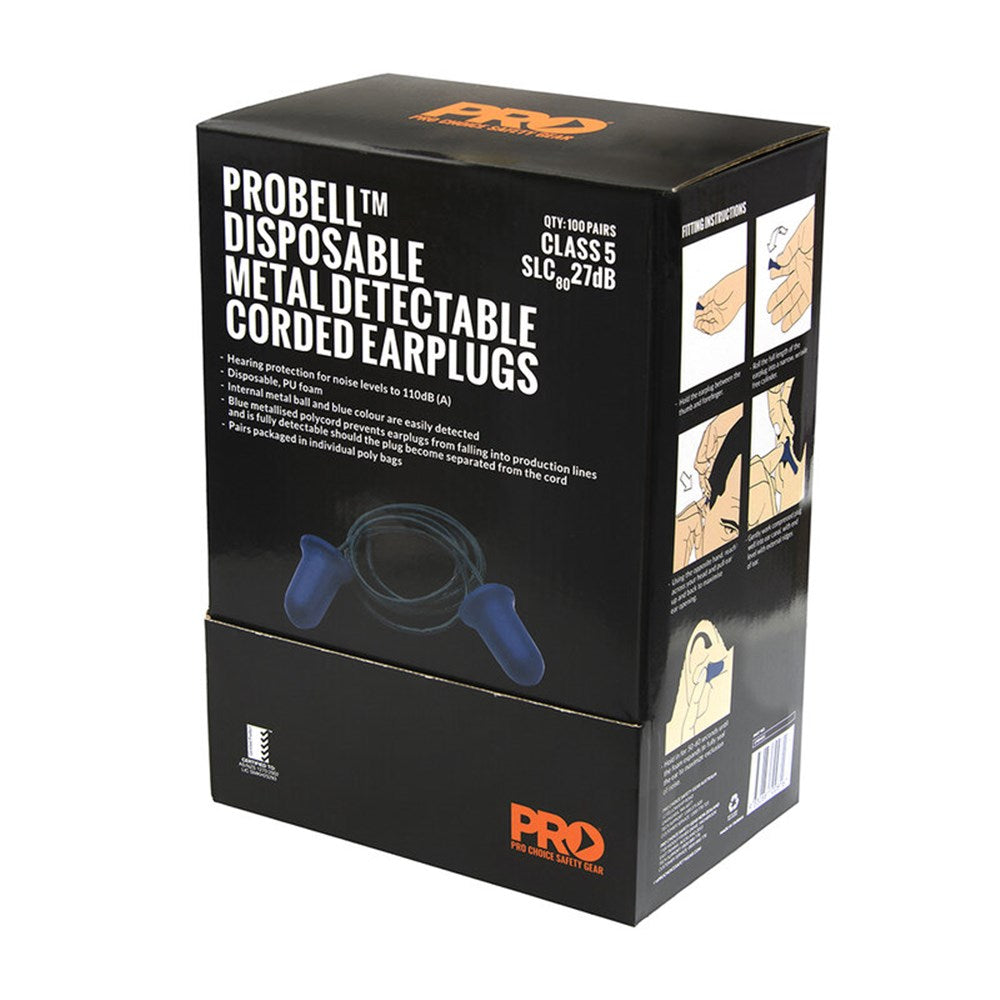 Pro Choice Probell Metal Detectable Earplugs Corded 100 Pairs- EPBMDC