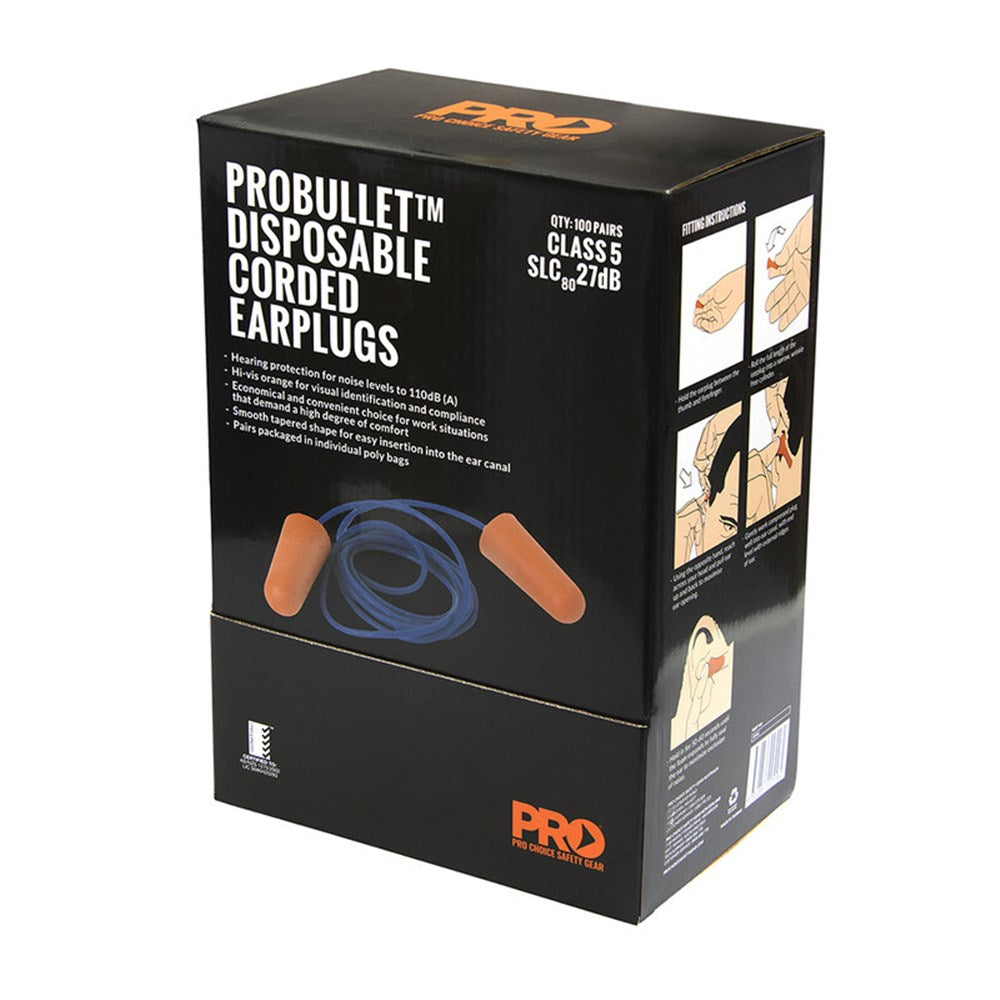 Pro Choice Probullet Disposable Earplugs Corded 100 Pairs - EPOC